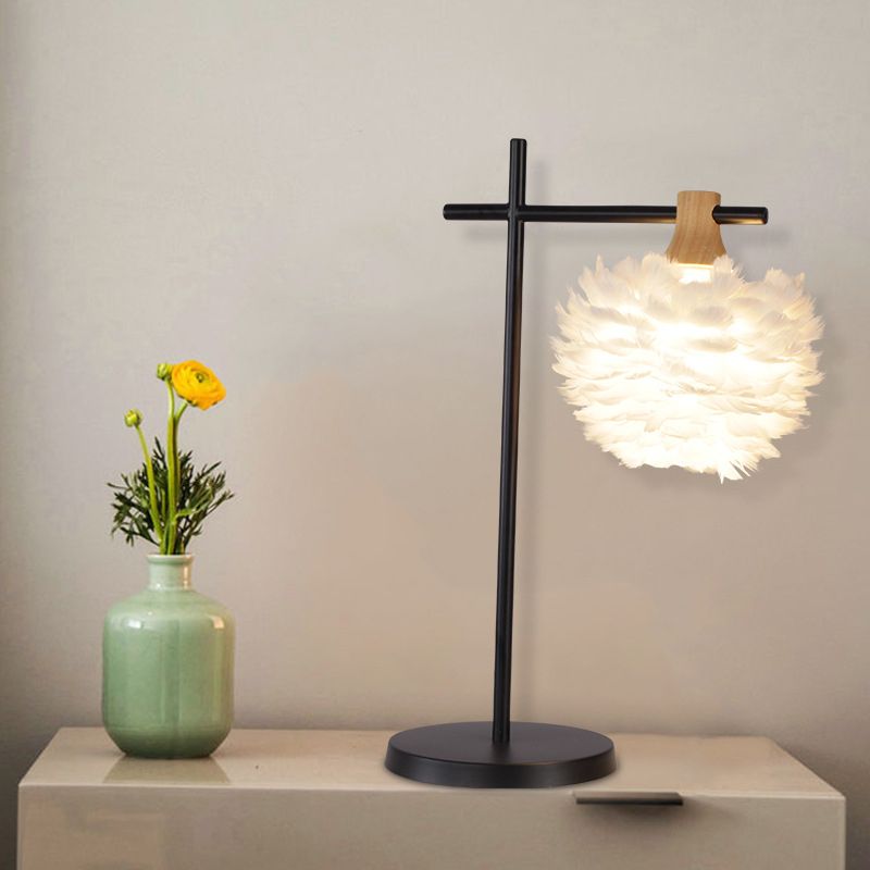 Nordic Mini Globe Night Light Feather 1-Light Bedroom Table Lamp with Cross Arm in Black-White