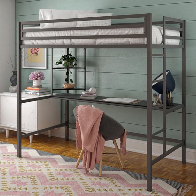 Modern High Loft Bed with Metal Guardrail and Built-In Ladder and Shelves