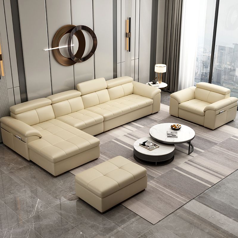 Genuine Leather Sectional Sofa 35.43"High Cushion Back Sofa with Storage,Beige