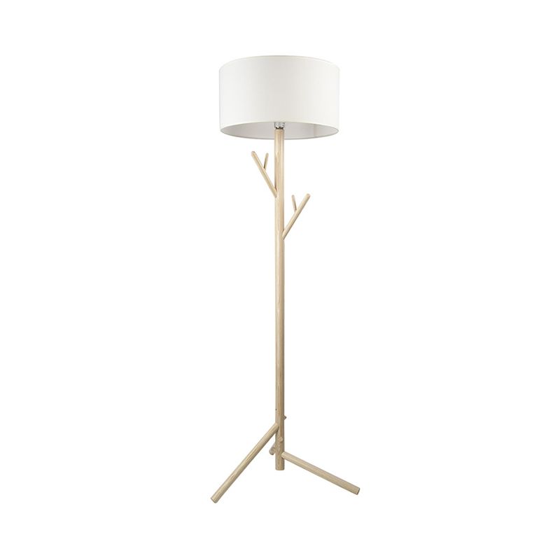 Three-Legged Drum Floor Lighting Minimalist Fabric 1 Head Bedroom Floor Lamp with Wood Coat Rack