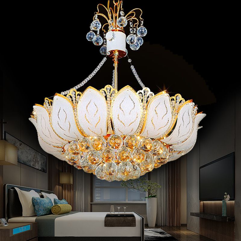 Lotus Hanging Light Fixture Contemporary Faceted Crystal Ball 3/Multi Lights Gold Chandelier Light, 16"/19.5"/23.5" Wide