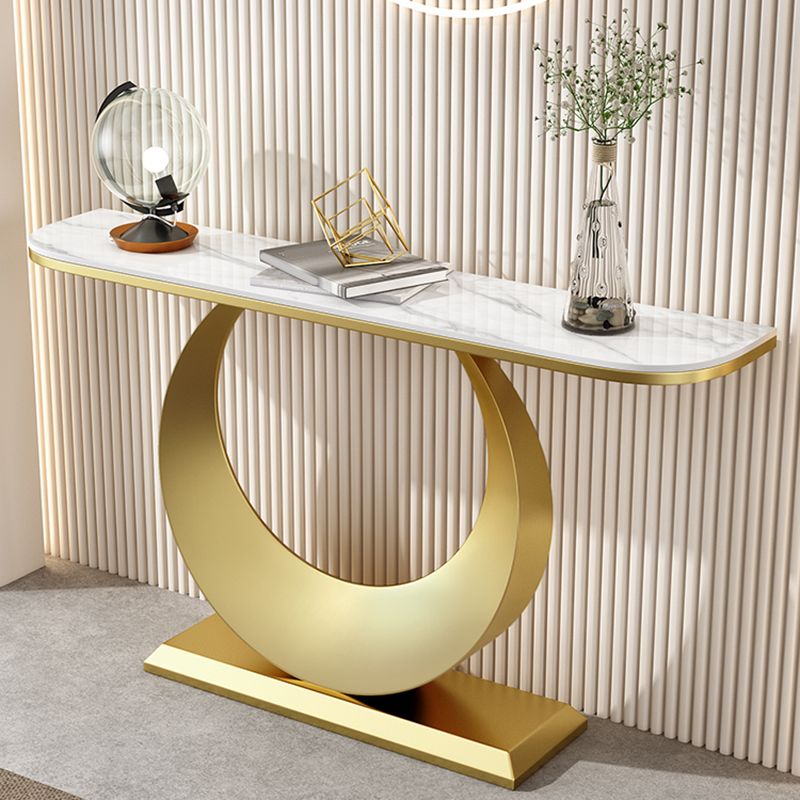 Half Moon Stone Console Table with Iron Pedestal Base Accent Table