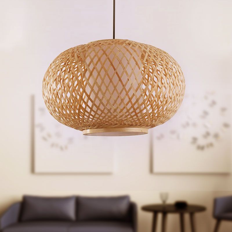 Curved Drum Restaurant Ceiling Fixture Bamboo 1 Light Asian Style Pendant Lighting with Cross Woven Design in Beige