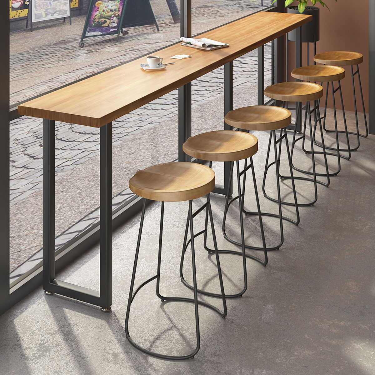 Modern Brown Wood Pub Table with Rectangle Table Top Black Trestle Table, Only Table