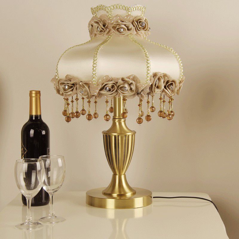 Brass 1-Bulb Night Stand Lamp Vintage Fabric Flower Table Light with Beaded Trim