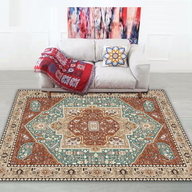 Red Moroccan Concentric Circles Rug Polyester Distressed Carpet Non-Slip Backing Indoor Rug for Living Room