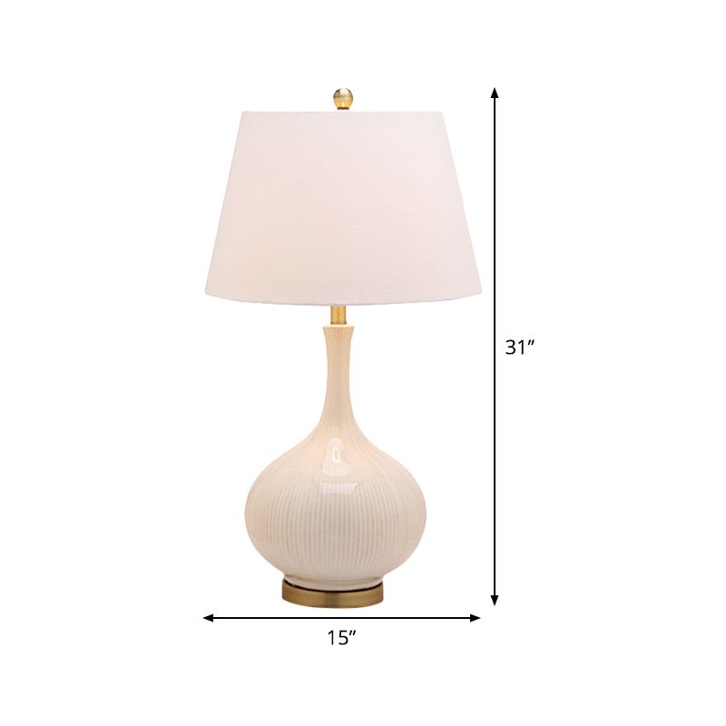 Fabric Tapered Table Light Modernism 1 Head White Small Desk Lamp with Ceramic Base