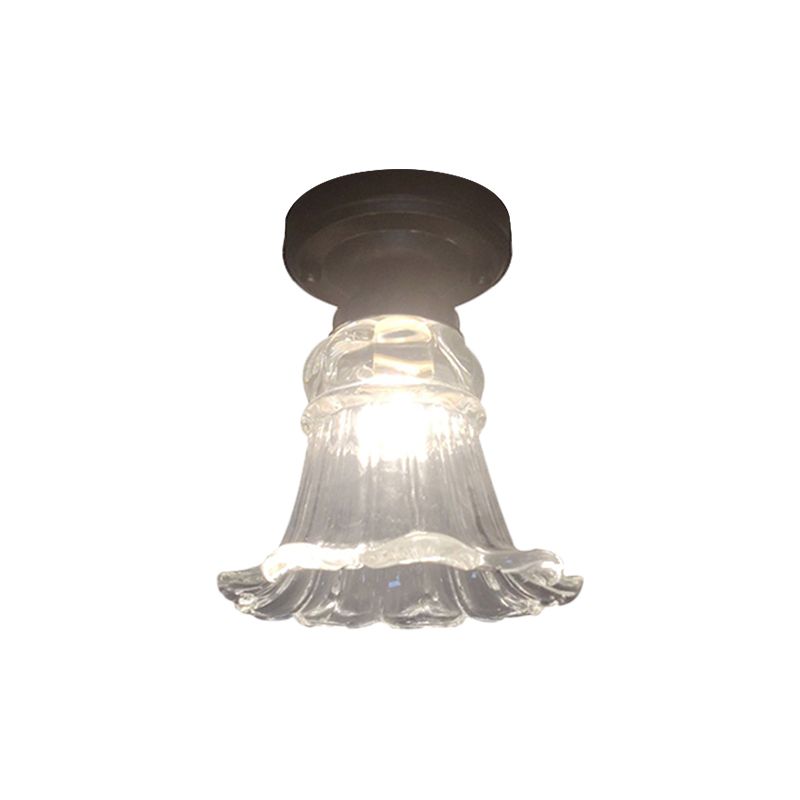 Rural Style Blossom Flush Mount Lamp 1 Head Fluted Clear Glass Ceiling Fixture in Black