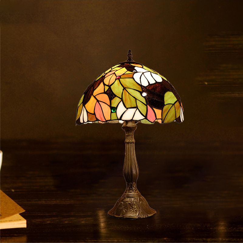 1 Head Dome Table Lamp Baroque Style Yellow/Green/Orange Stained Glass Nightstand Lamp with Leaf/Flower Pattern