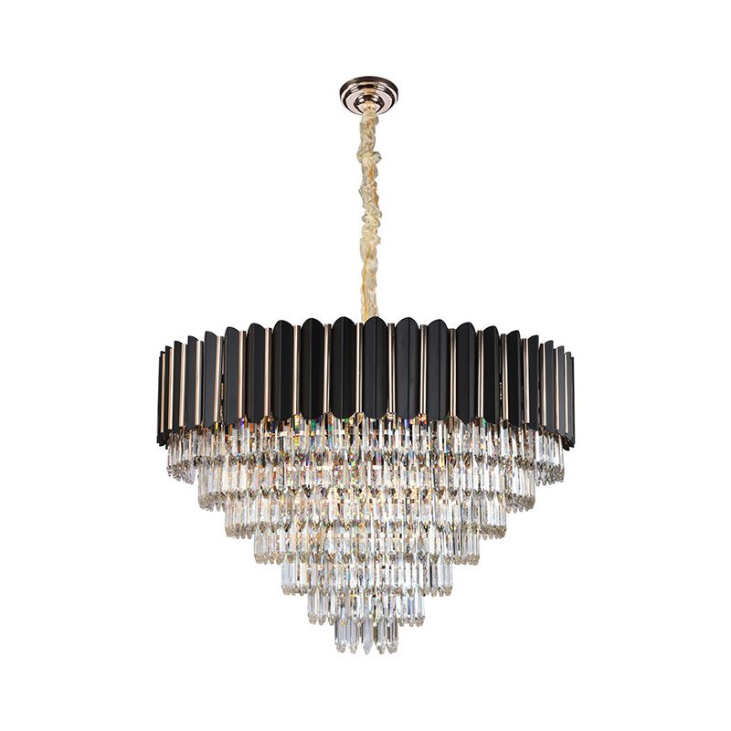 Faceted Crystal Round Shade Chandelier Light with Metal Sheet Modern Multi-Light Ceiling Pendant Light in Black