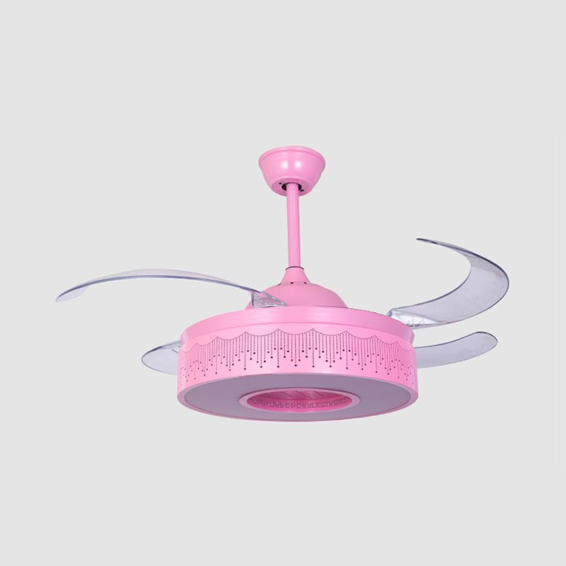 4 Blades Metallic Ring Semi Flush Lighting Modern 36" W LED Pendant Fan Lamp Fixture in Pink/Blue with Hollowed Out Design, Wall/Remote Control