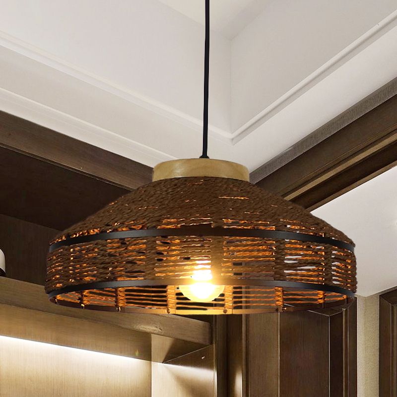 Brown Barn Shade Pendant Light Rustic Single Light Woven Rattan Suspension Lamp with Wooden Cap for Restaurant