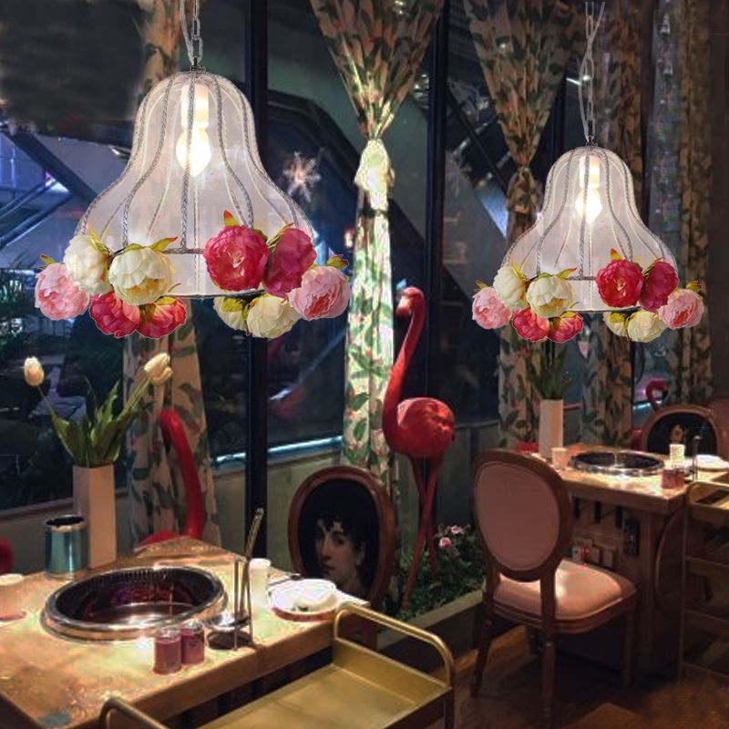 Metal White Hanging Light Gourd 1 Light Industrial LED Ceiling Lamp with Flower Decor for Restaurant