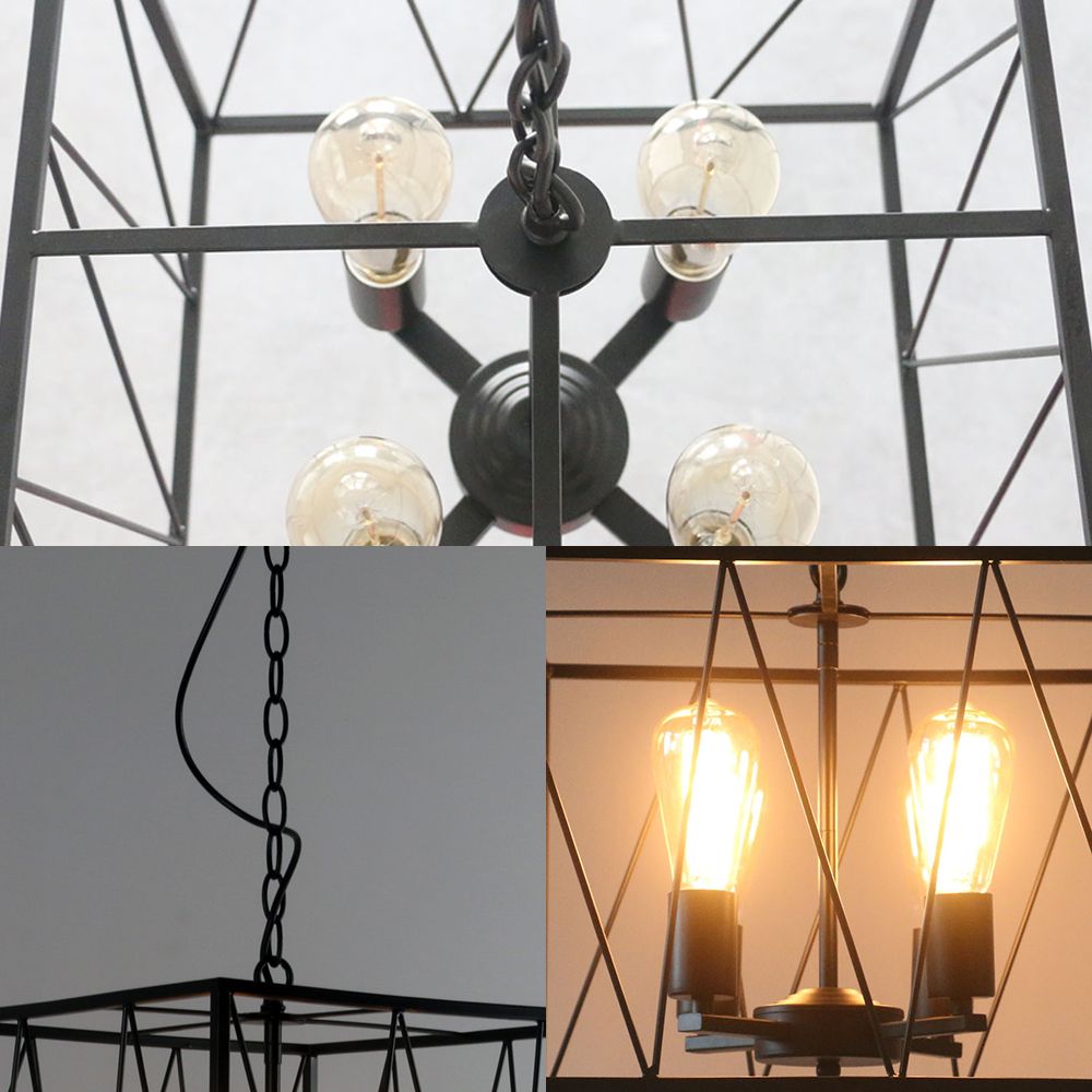 Black Cuboid Wire Frame Pendant Vintage Iron 4 Heads Dining Room Hanging Light Fixture