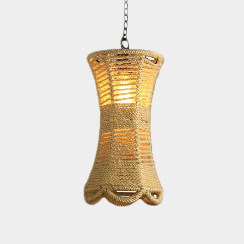 Beige Radian Pendant Lamp Vintage Rope 1 Head Restaurant Hand-Woven Hanging Light Fixture