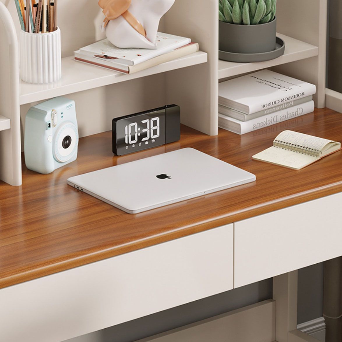 Contemporary White Writing Desk with Brown Top and 2 Drawers