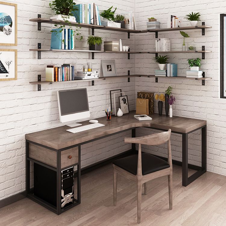 Solid Wood Computer Desk Industrial Style L-Shape Office Desk with Storage and Drawer