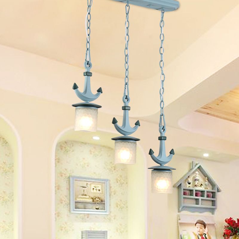 Cylindrical Playroom Pendant Lamp Dimpled Glass 3 Bulbs Modernism Multiple Ceiling Light in Blue, Linear/Round Canopy