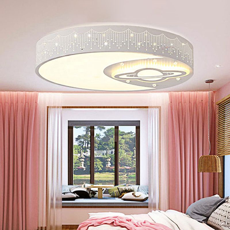 Round Child Bedroom Ceiling Light with Moon and Planet Metal Creative Flush Mount Light in White