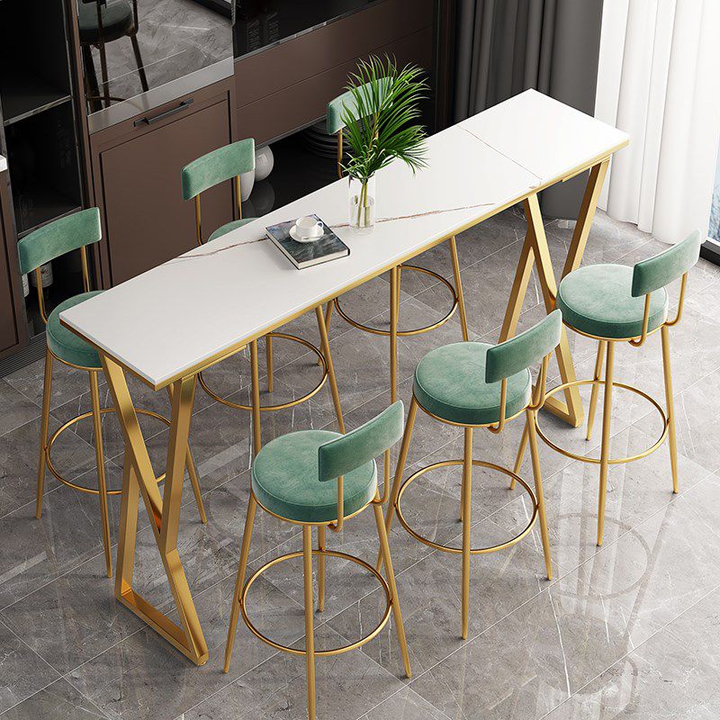 Glam Bistro Table with Gold Metal Base Rectangle Stone Top Bar Table