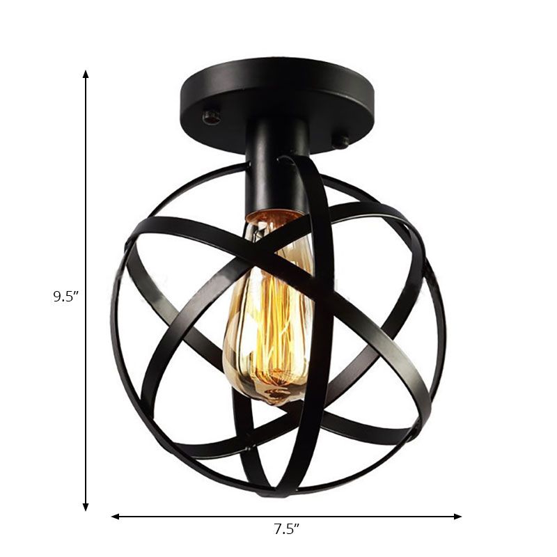 Metal Spherical Semi Flush Light with Cage Shade Loft Industrial 1 Light Living Room Ceiling Lamp in Black