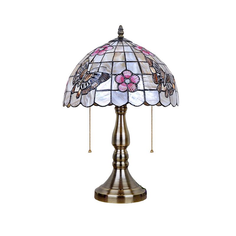 Shell Gridded Bowl Night Light Tiffany 2 Heads Brushed Brass Pull-Chain Table Lighting with Butterfly-Flower Pattern