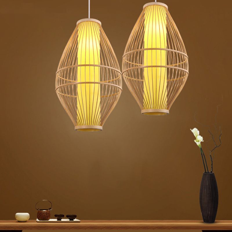 Beige Hand-Woven Hanging Light with Oval Shade Asian Style 1-Light Bamboo Pendant Lamp