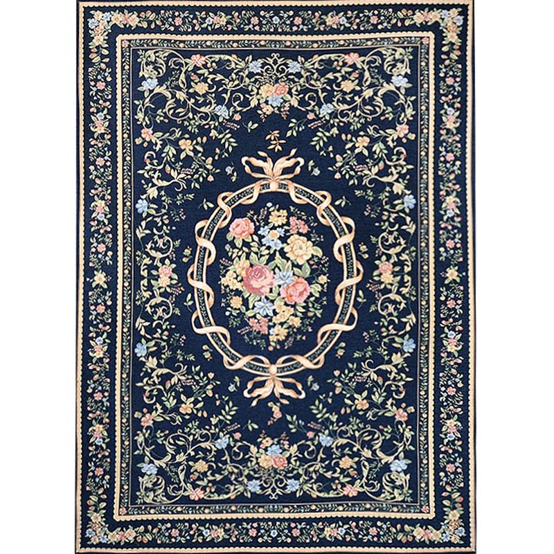 Dark Blue Retro Rug Cotton Blend Floral Printed Indoor Rug Anti-Slip Backing Stain-Resistant Easy Care Area Carpet for Parlor