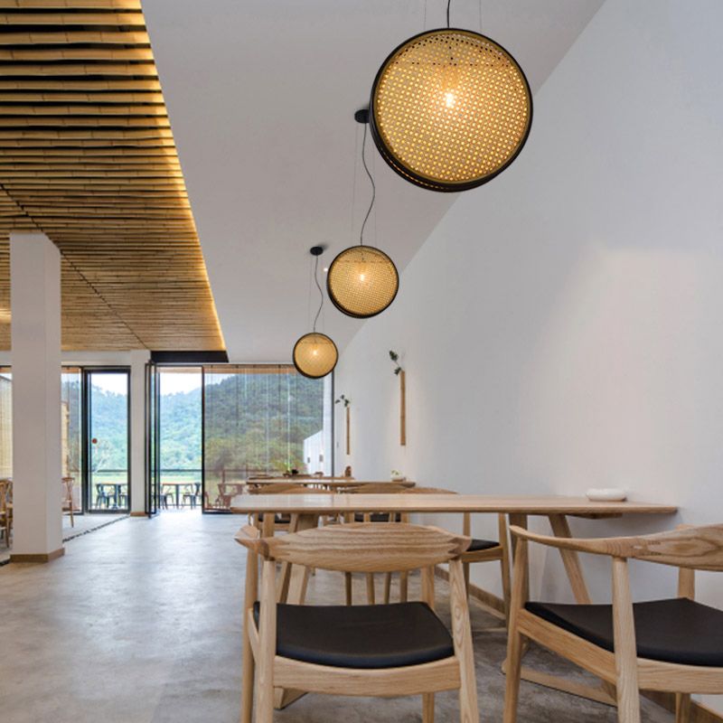 BEIGE Circle a sospensione del soffitto Creativo Creativo ASIAN A 1 LIGHT RATTAN DROP DROPPANT PER CAMERA