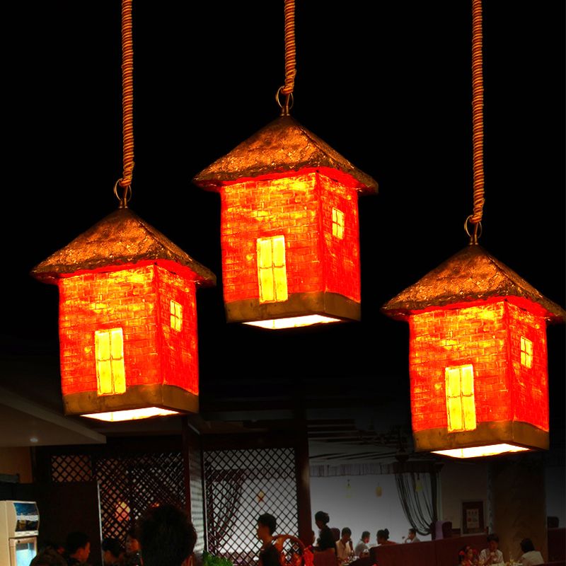 Resin House Suspension Light Antiqued 1 Bulb Restaurant Ceiling Hang Fixture in Red