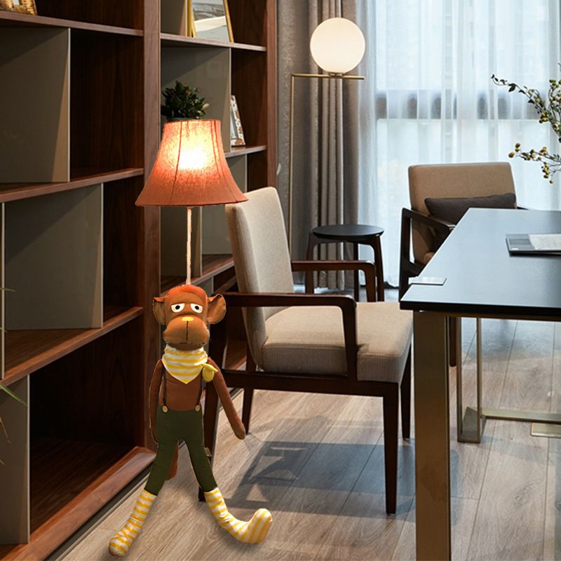 Brown Bell Shaped Stand Up Lamp Contemporary Stylish 1 Light Fabric Floor Lamp with Monkey Design