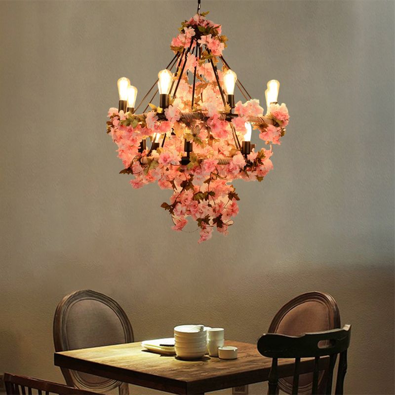 14-Bulb Chandelier Light Fixture Warehouse Bare Bulb Suspension Lamp in Black with Pink Flower and Rope