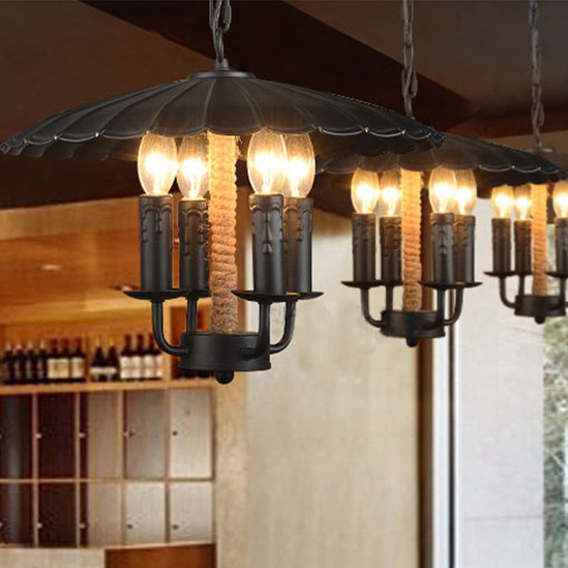 Wellige Anhänger Leichte Retro -Stil Metal 4 Lampen Kerze hängen Licht in Schwarz für Esszimmer