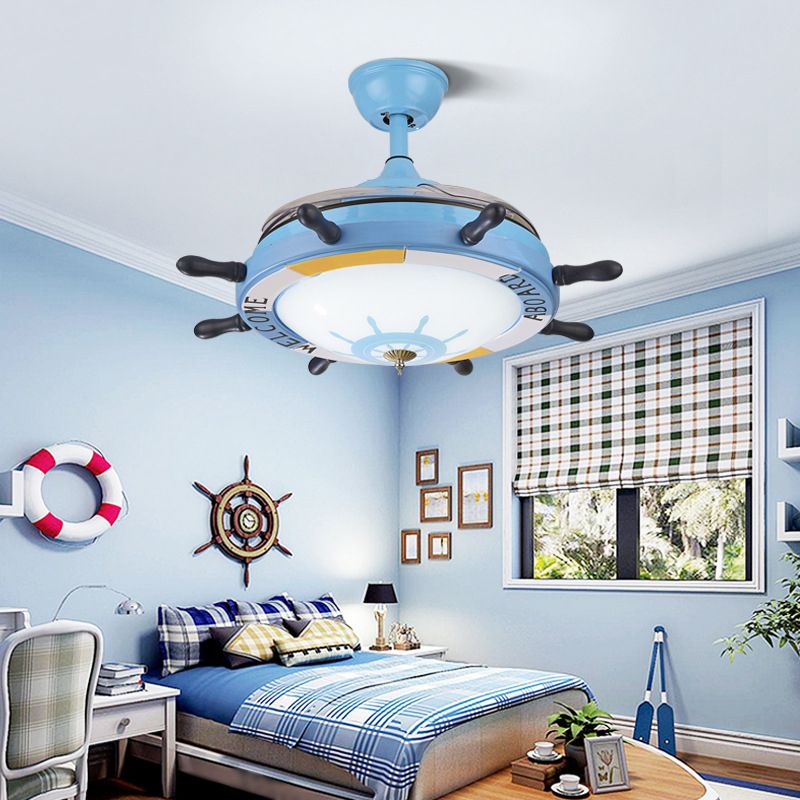 Blue Rudder Pendant Fan Lamp Mediterranean Metal LED Semi Flush Light with Dome Shade