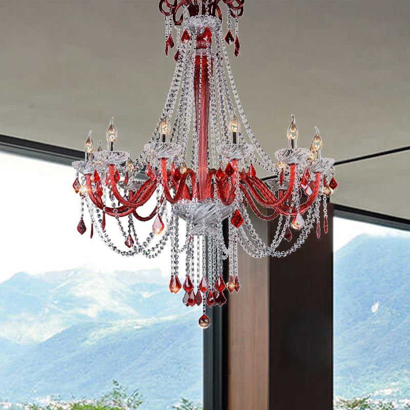 Lampada del lampadario a candela moderna K9 Crystal 12 lampadine a sospensione Rossa Luce a sospensione per balcone