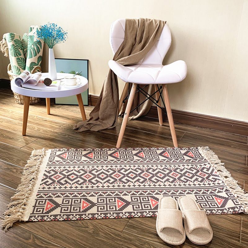 Western Bedroom Rug Multi Colored Tribal Geo Carpet Cotton Blend Easy Care Washable Area Rug with Tassel