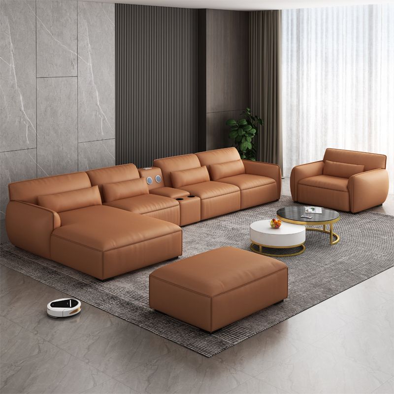 Scandinavian Tan Faux Leather Straight Arm Sofa/Sectionals with Stain-Resistant