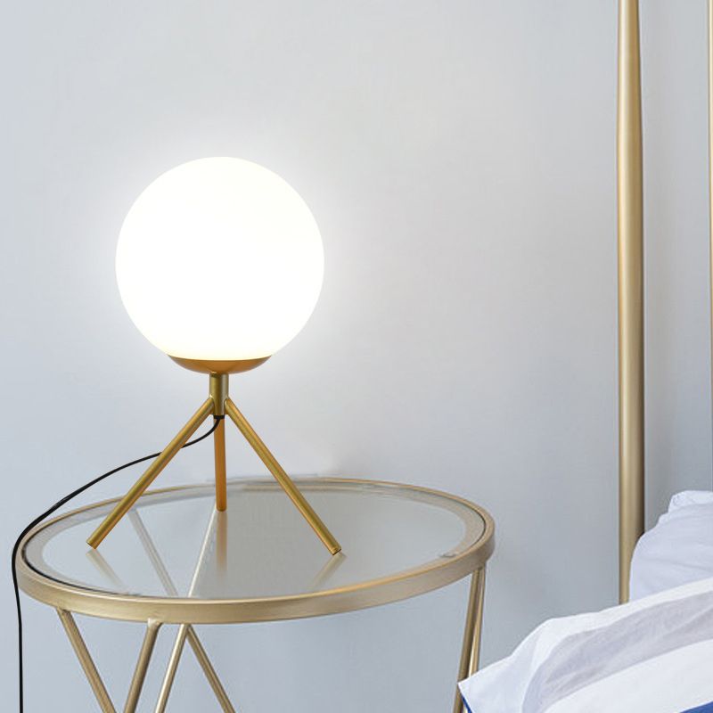 Opal Glass Sphere Desk Light Modern 1 Bulb Night Table Lamp in Gold/Black with Metal Tripod