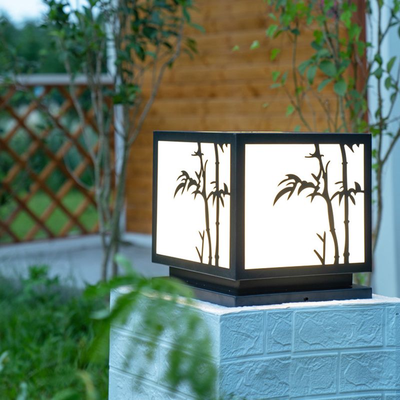 Square Shape Metal Outdoor Lights Modern Style 1 Light Solar Pillar Lamp in Black