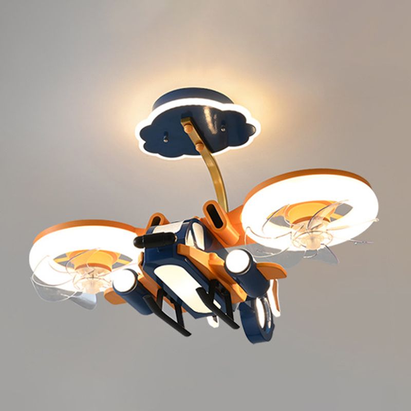 Kids LED Ceiling Fan Lamp Airplane Metal Fan Lighting in Blue and Orange for Bedroom