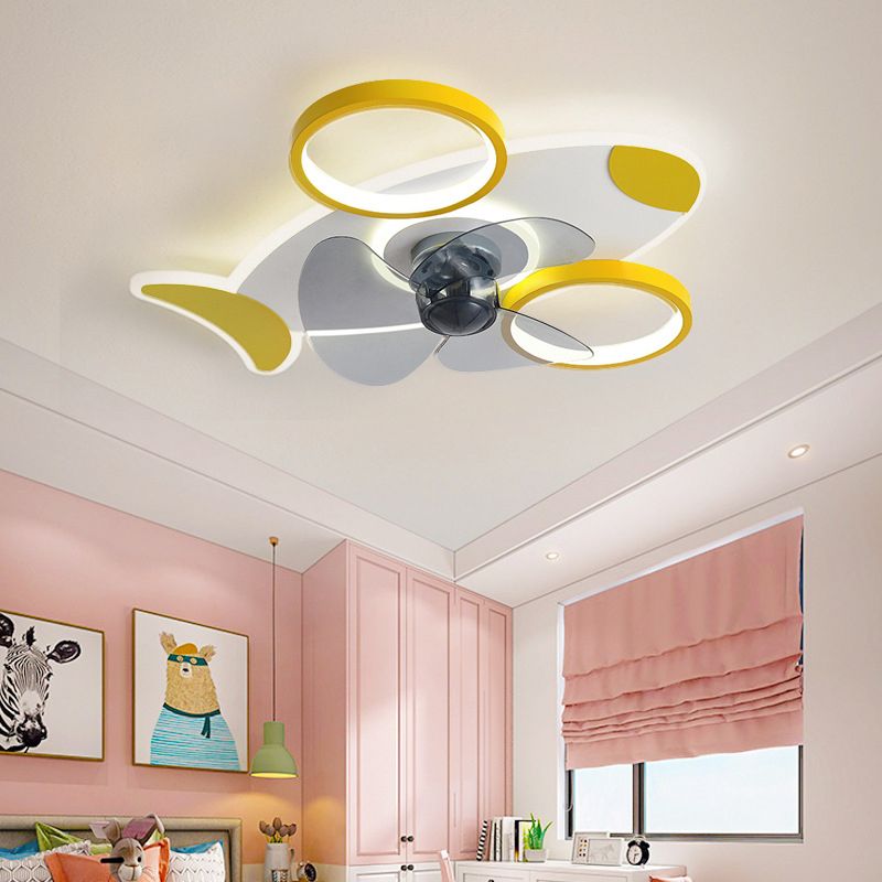 Creative Aircraft Shaped Ceiling Fan Light Metallic Child Room Semi Flush Mount Lamp