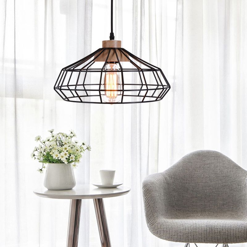 1-Light Pendant Light Modern Caged Metal Hanging Lamp with Wooden Cap in Black for Dining Room