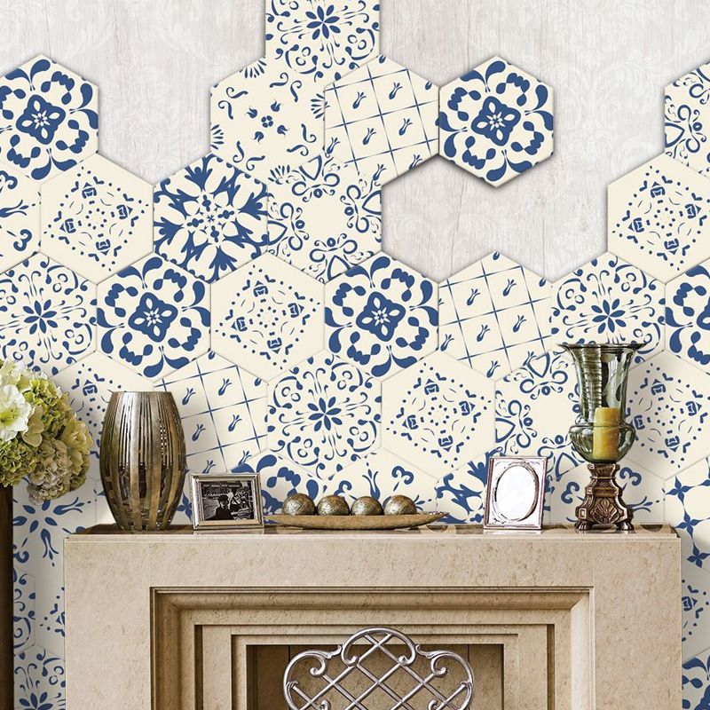 Adhesive Flower-Like Tile Wallpapers Blue Bohemian Wall Art for Living Room, 9' L x 8" W