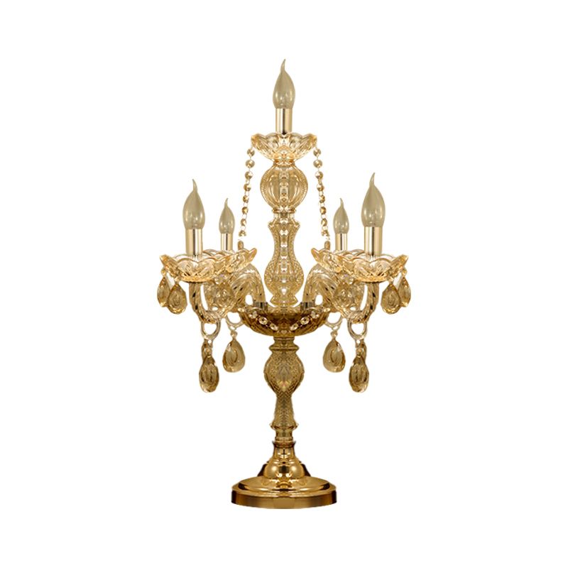 5/6 Heads Candelabra Table Light Traditional Gold Crystal Droplets Nightstand Lamp with/without White Bell Fabric Shade