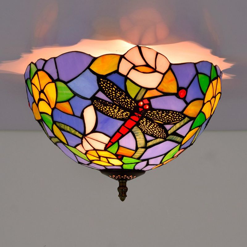 Tiffany Dragonfly Flush Mount Recessed Verlichting 2 Lampen Handcrafted Gekleurd Glas Dicht aan plafond lamp in Brass