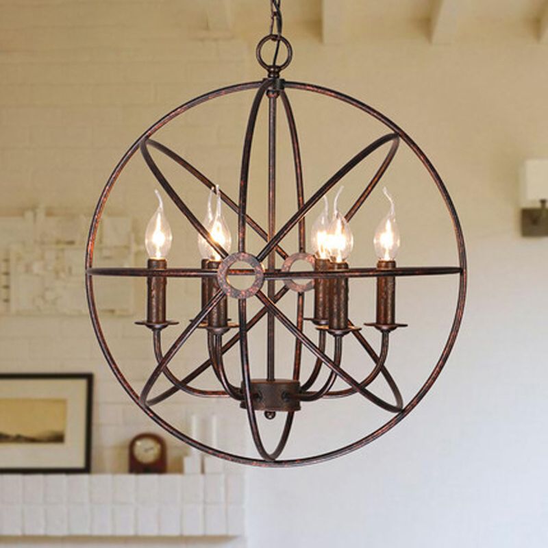 6 Bulbs Wrought Iron Chandelier Industrial Orbit Globe Restaurant Pendant Light Fixture