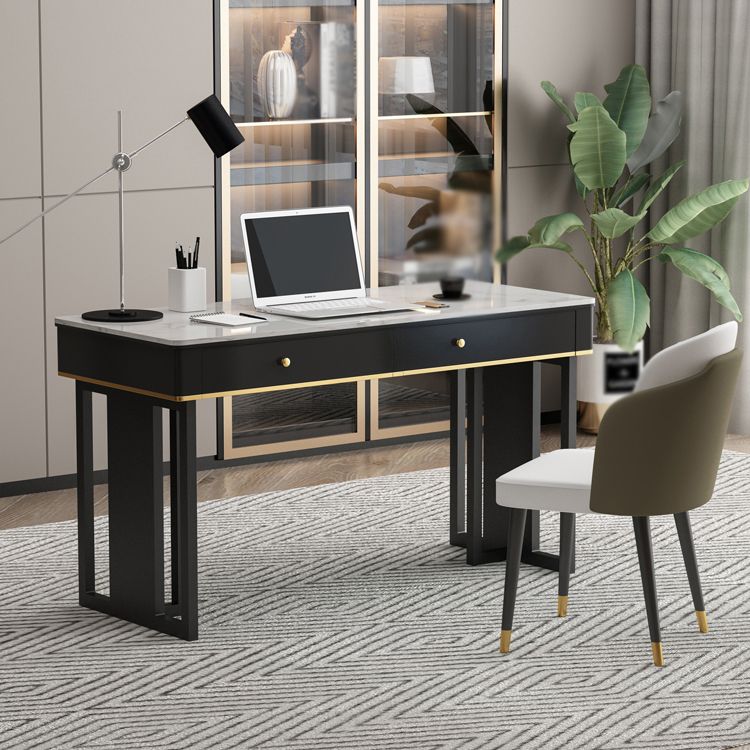 Modern 2-drawer Office Desk Sintered Stone Home Desk with Metal Base