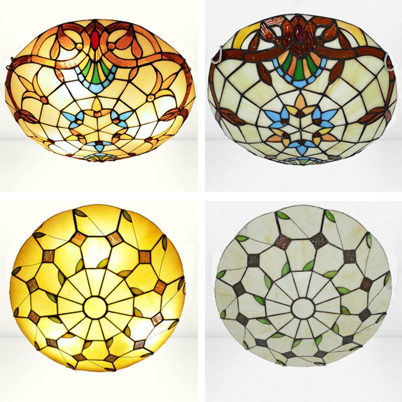 1-Light Bowl Flush Mount Tiffany Style Glass Ceiling Light for Hallway