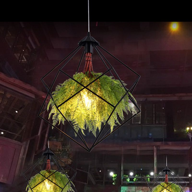 Caged Iron Plant Hanging Lamp Vintage Single-Bulb Restaurant Lighting Pendant in Green