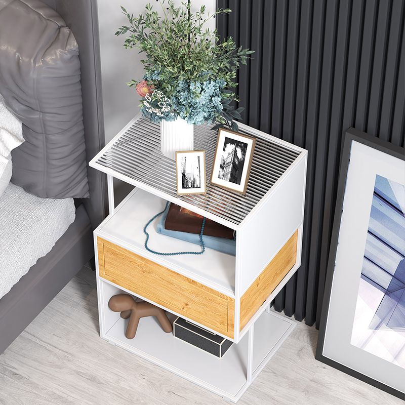 Industrial Lower Shelf Nightstand Glass Bedside Cabinet with Drawer for Bedroom